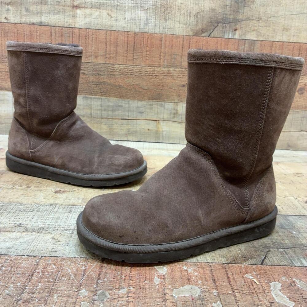 UGG Boots Womens Size 8 39 Brown Suede Shearling Mid Calf Zip Winter Lined